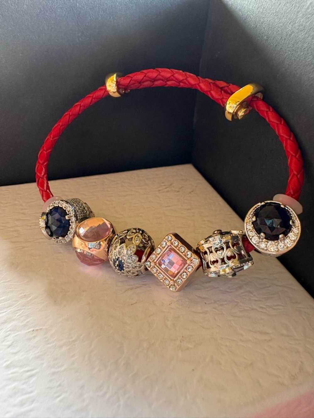 Red Braided Leather Charm Bracelet with Multi-Stone Beads